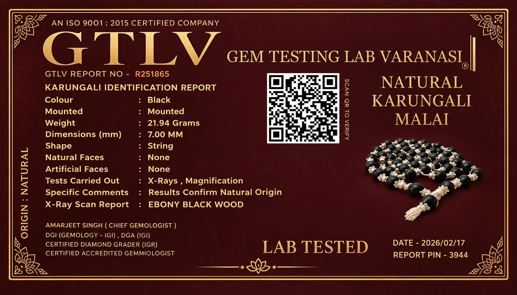 Gem Testing Lab Varanasi identification report confirming a natural karungali malai