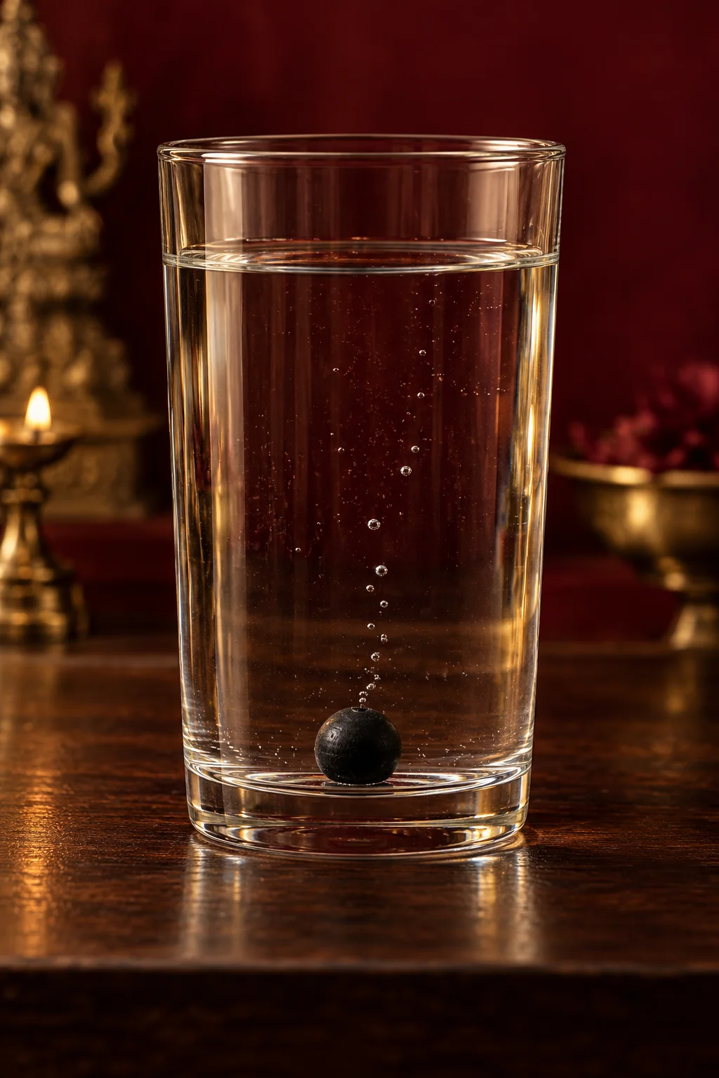 A real karungali bead sinking in a glass of water