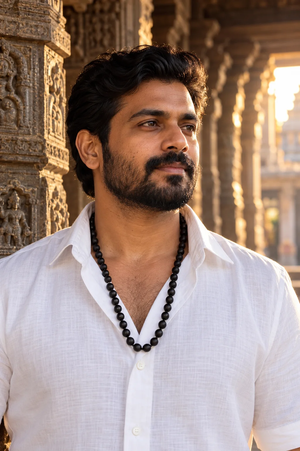 A man in a white veshti wearing a karungali malai in a temple corridor